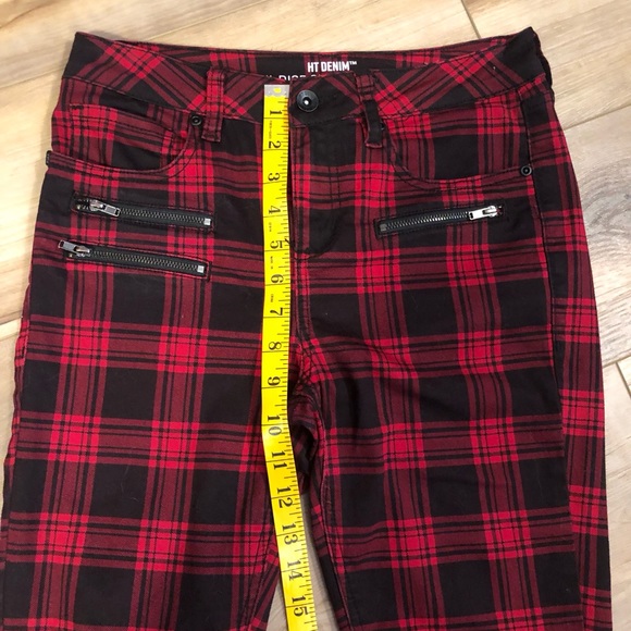 HT DENIM HI-RISE SUPER SKINNY SIZE 1 RED & BLACK PLAID JEANS - Picture 9 of 11